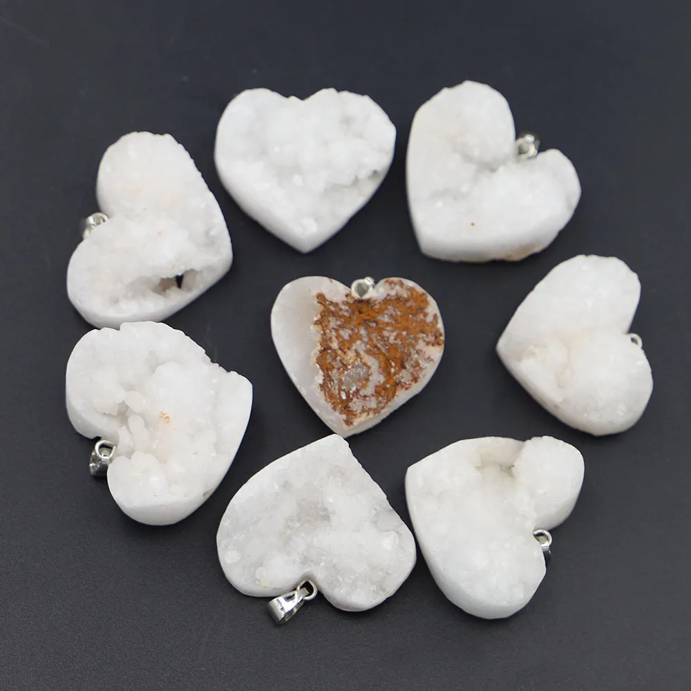 Latest Natural Stone Heart Shaped White Agate Druzy Necklace Pendants Charms Men Women Fashion Jewelry Making 6Pcs Free Shipping