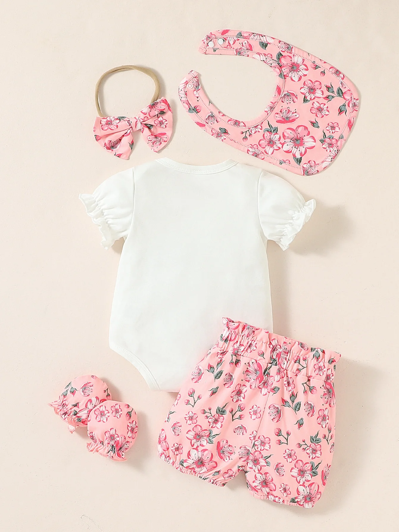 4Pcs Baby Girl Summer Clothes Floral Printed Short Sleeve Shorts Set +Romper Top For Active +Bib+Gloves+Headband