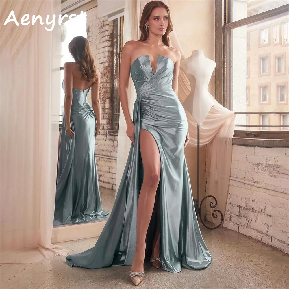 Aenyrst Strapless Mermaid Evening Dresses Grey Pleated Side Split Prom Gowns Floor Length Dinner Party Dress Long فساتين السهرة