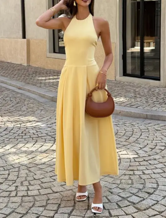 

2026 Spring/summer New Fashion Casual Women's Elegant Sexy Style Hanging Neck Sleeveless Waist Umbrella Skirt Dress