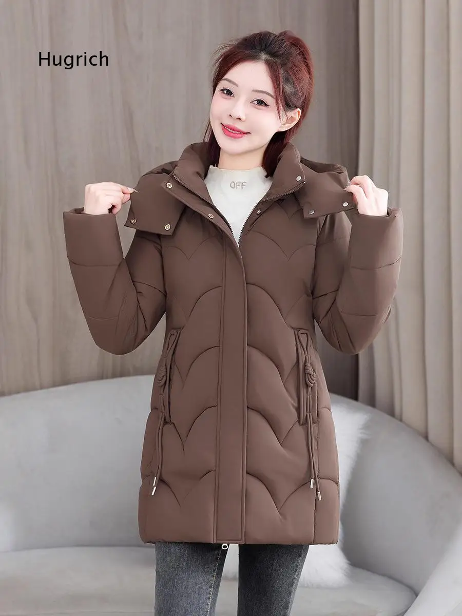 High End Medium Long Cotton Padded Coat Women Korean Style Slim Fit Large Size Hooded Jacket Fashion Winter Female Outerwear