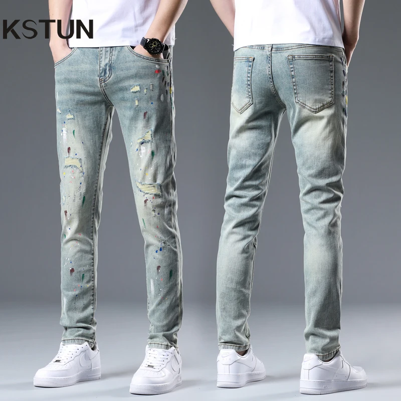 

KSTUN High Quality Destroyed Jeans Men Skinny Distressed Hip Hop Streetwear Male Pencil Pants Painted Jeans Stretch Patchwork