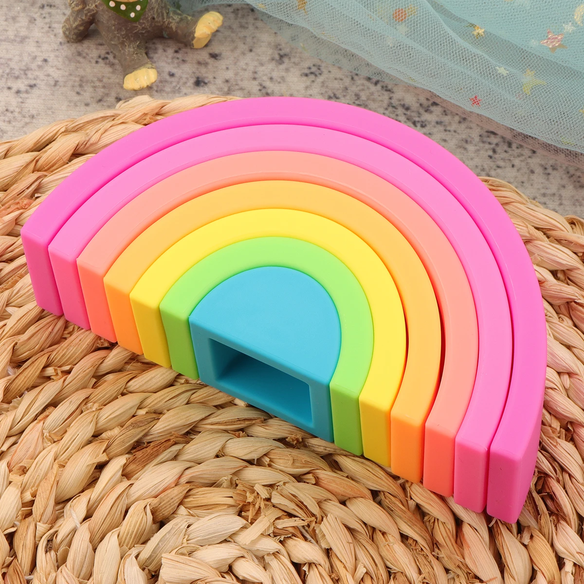 Apilador de arcoíris de silicona para niños, bloques Montessori, juguete creativo a juego, juguetes de rompecabezas sensoriales, 7 piezas por juego