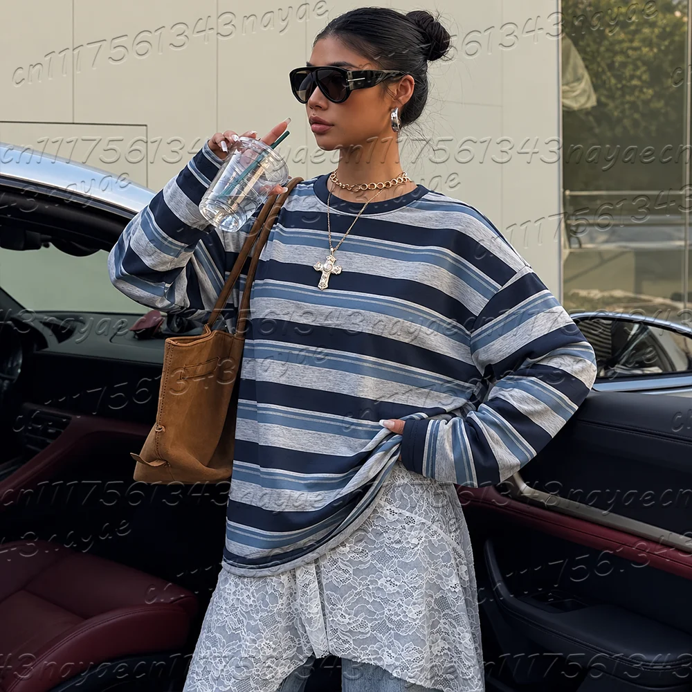 Frühlings- und Herbst-Damen-T-Shirt mit minimalistischem Streifenmuster, Rundhalsausschnitt, langen Ärmeln, Übergröße, im Retro-Amerikanischen Stil. – Detail 7