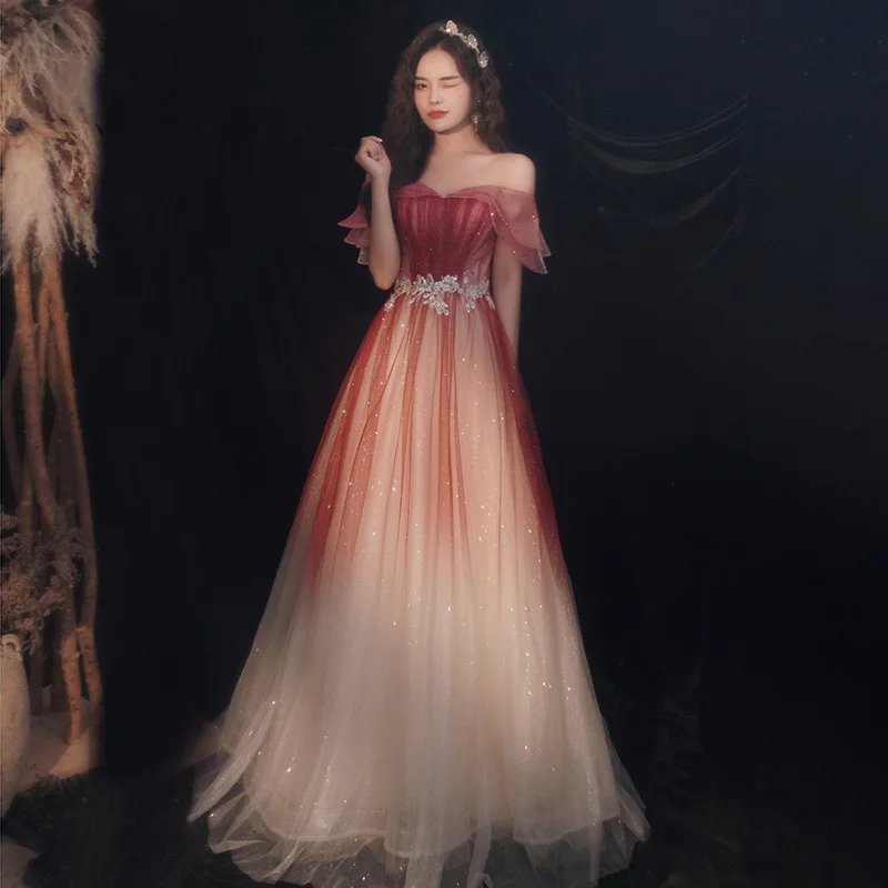 

Elegant one-shoulder evening dress female new wedding party dress gorgeous sweet strapless dress suitable for birthday party