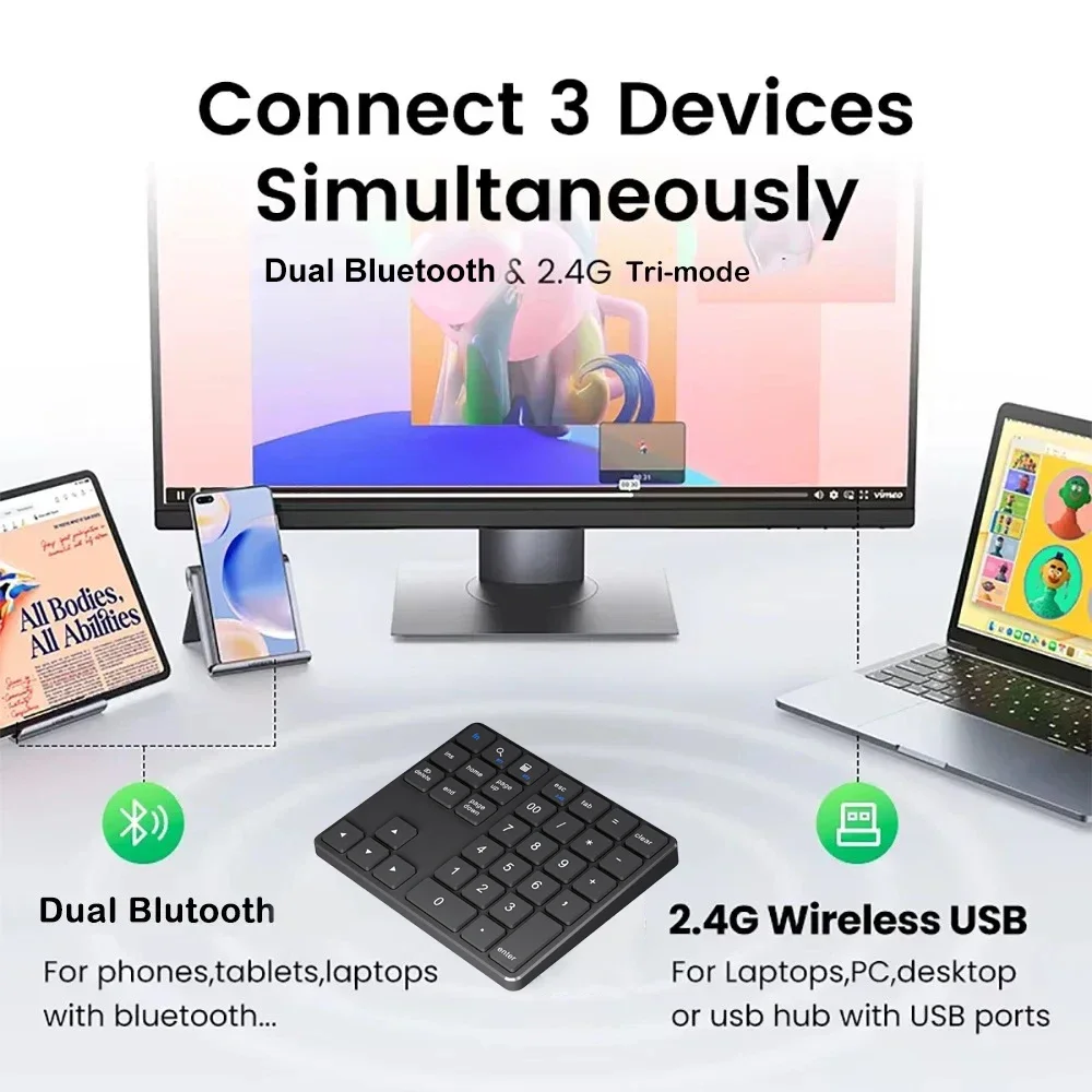KEBIDUMEI Dual Mode Number Keypad Dual Bluetooth 2.4G Wireless Keyboard Mini Keyboard 300mAh Rechargeable for PC Laptop Macbook