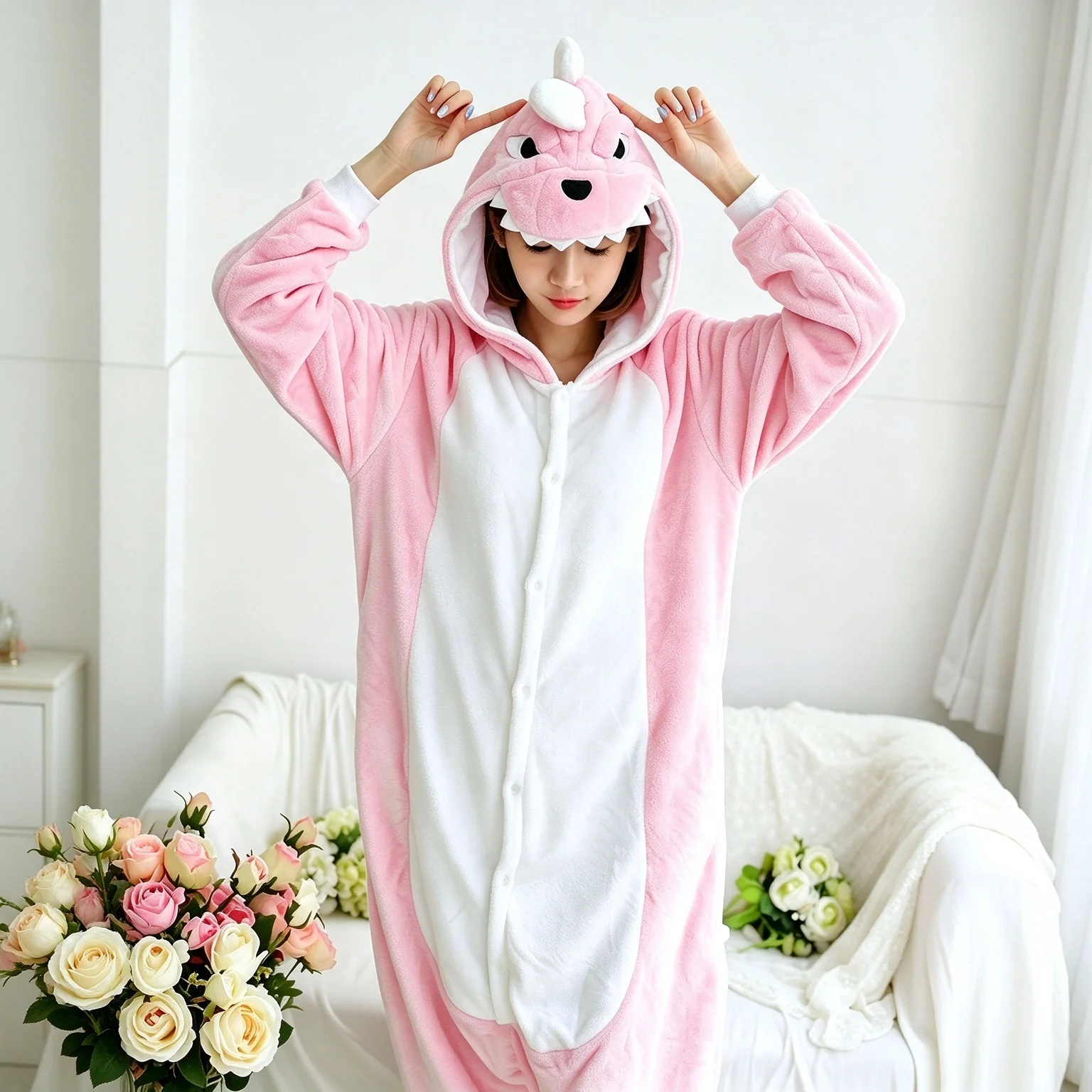 Onesie dinosaur pink jumpsuit pajamas flannel cartoon animal shaped home clothes party cosplay role-playing clothes Dinosaur