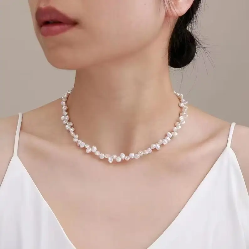 Dainashi 6-7mm Irregular Keshi Freshwater Pearl Choker Necklace 40cm 45cm 50cm Handmade Petal Pearl Necklace Jewelry Gift