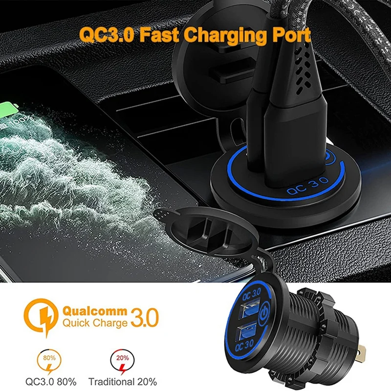 QC 3.0 Dual USB Car Charger Socket With Touch Switch Fast Charge Power Outlet For 12V-24V Motorcycle Boat