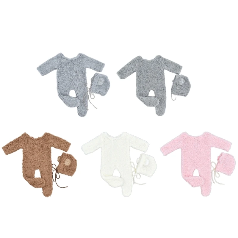 Newborn Photo Props Berber Fleece Costume Bear Ear Hat Baby Footed Romper Photo-Shooting Clothes Photostudio Props 2PCS