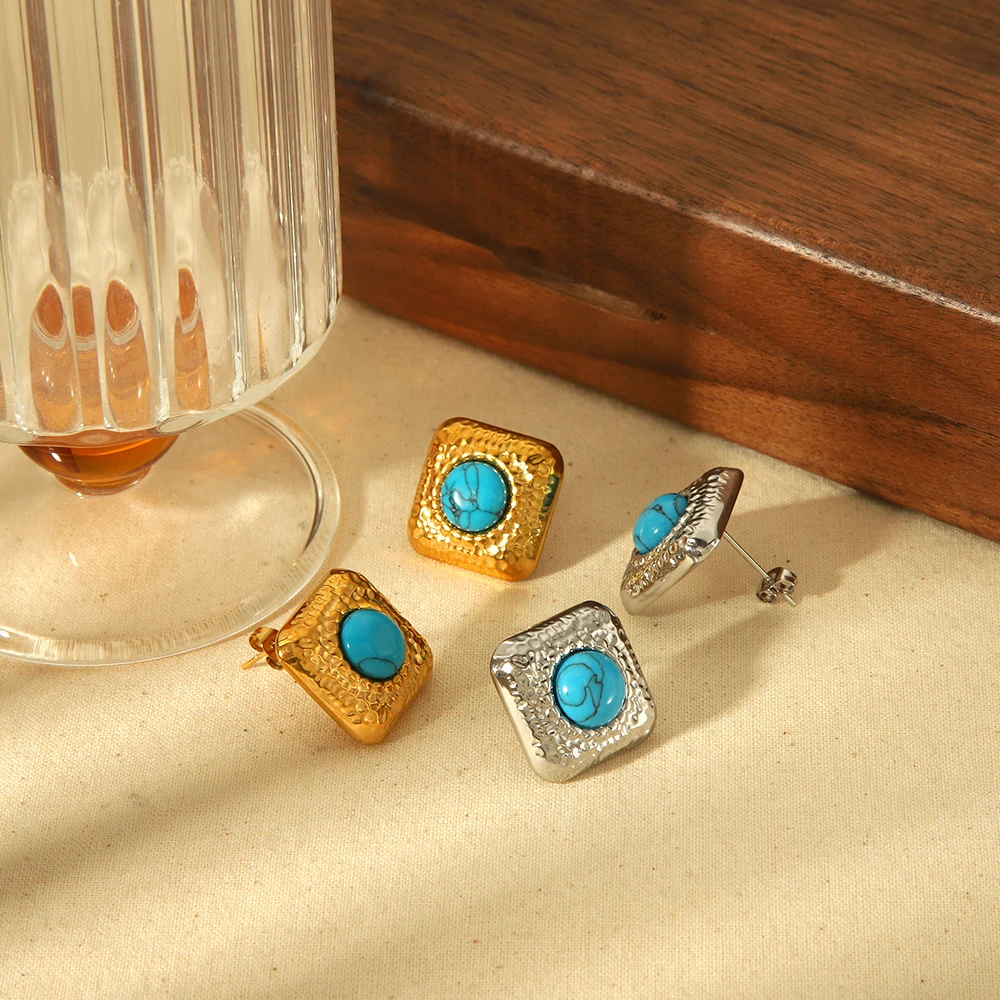 Vintage Luxury Square Hammer Texture Turquoise Stud Earrings High Quality 18k Gold Plated Stainless Steel Women Earrings