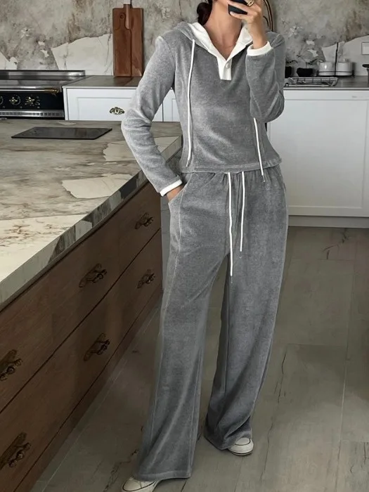 

Chic Autumn Winter ort Hooded Casual Contrast Color Blo Set Sweatirt Dstring Sports Pants Women's Faion Ensemble