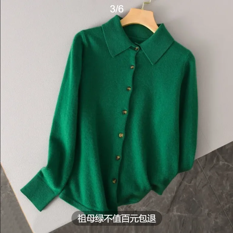 Cardigan à col Polo pour femme, ample et décontracté, pull en cachemire de vison, doux et chaud, vêtements exquis, automne hiver 100%