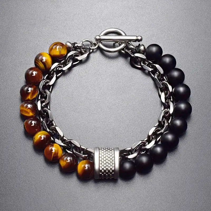 Double-layer Ring Tail Bracelet Double-chain High-level Stitching Color Contrast Tiger's Eye Stone Beads Buckle Men's HandString