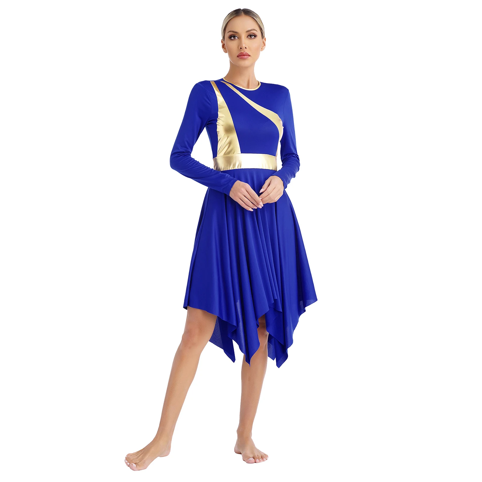

Women Liturgical Praise Dance Dress Long Sleeve Metallic Shiny Worship Dress with Pants Church Choir Performance Waltz Dancewear