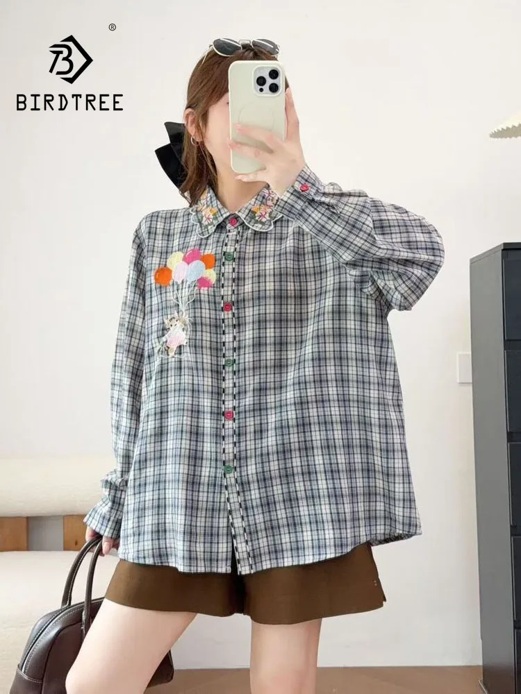 New 2026 Autumn Women Cotton Long Sleeve Shirt, Turn-down Collar Embroidery Plaid, Mori Girl Korean INS Loose Blouse T68119CC