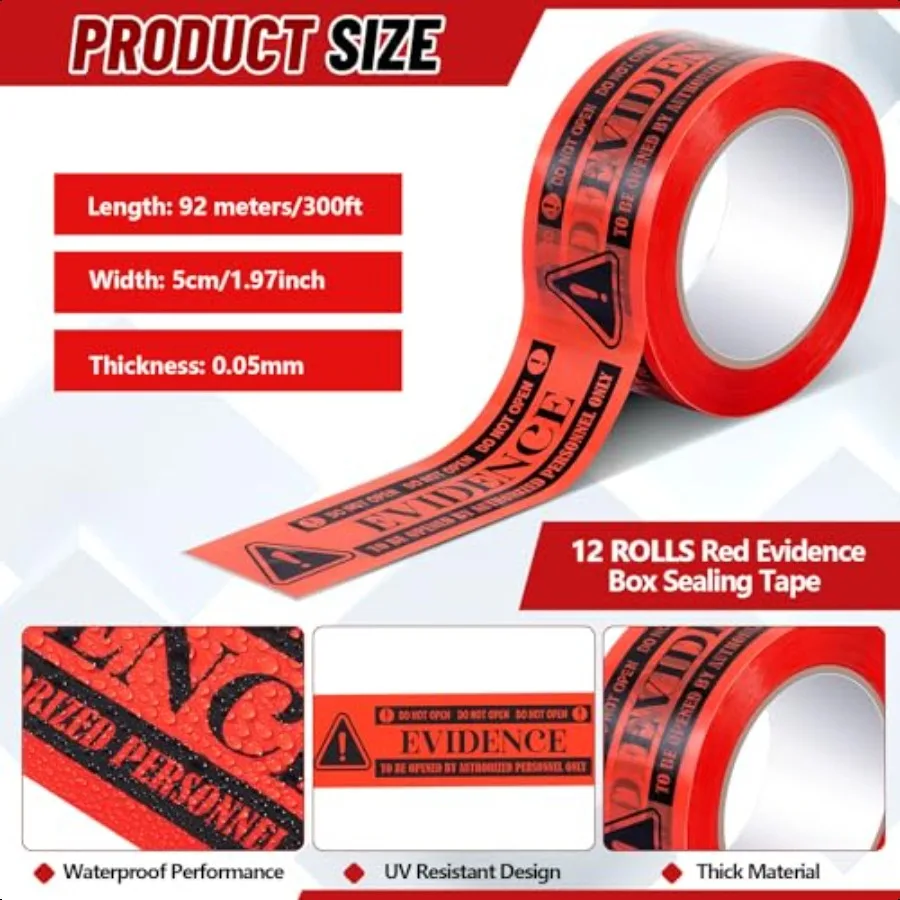 12 لفات صندوق الأدلة الحمراء شريط عزل 3600ft إجمالي ختم أشرطة التغليف الواضحة لجمع الأدلة شحنة الشرطة Cau #2