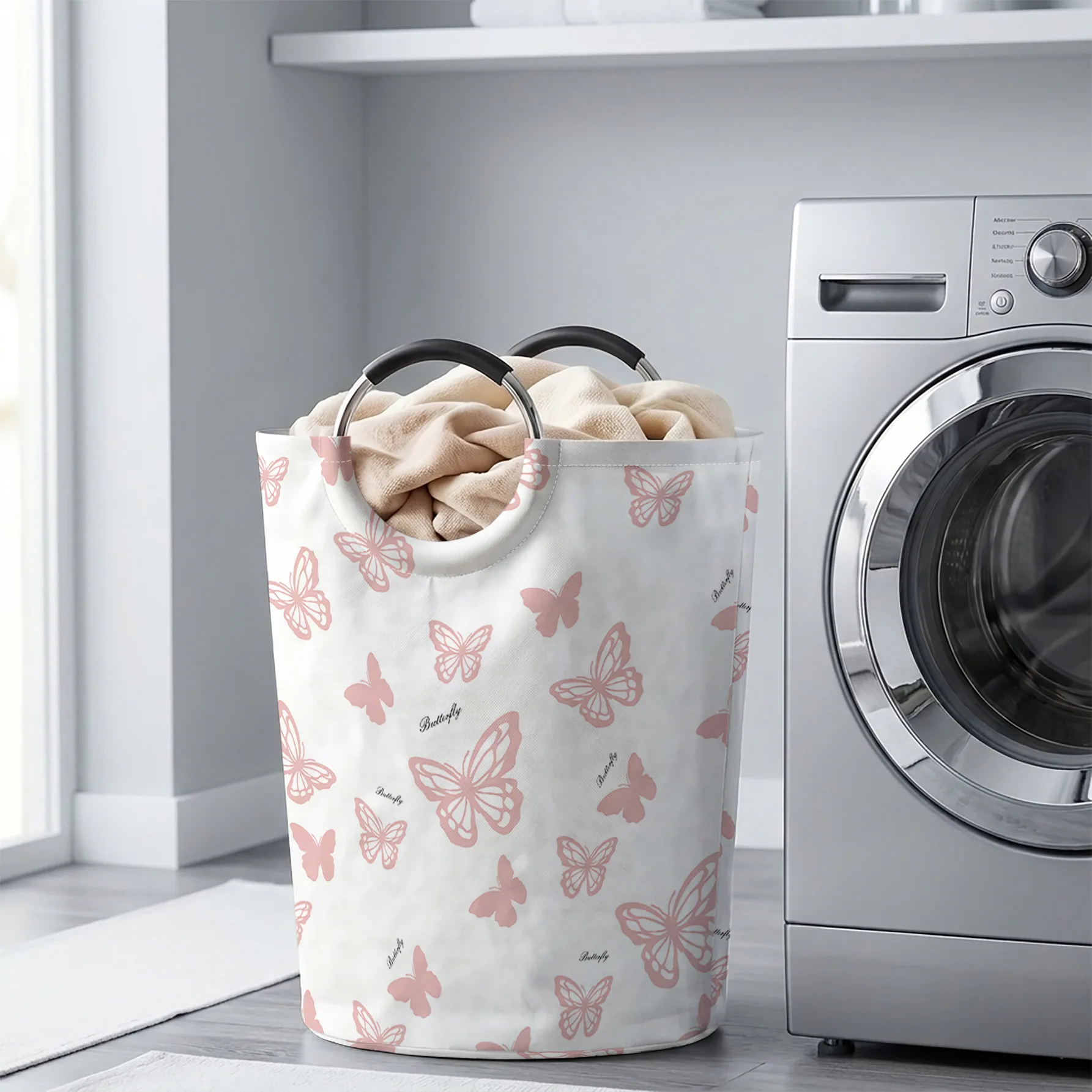 Pink Butterfly All‑Over Print Handheld Storage Basket, For Laundry, Bedroom & Home Sundries Storage