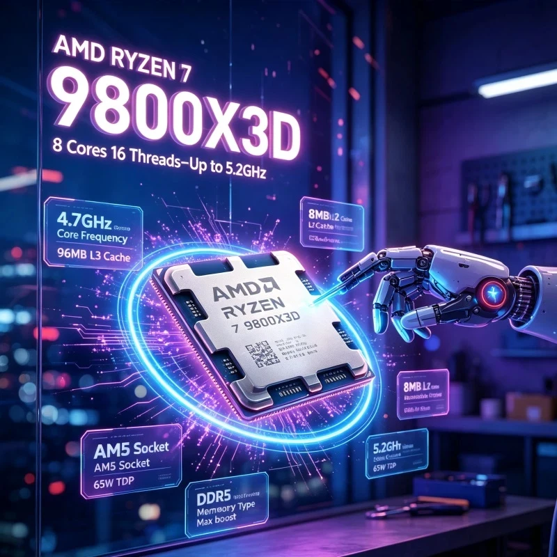 AMD R7 9800X3D Processor 8 Cores 16 Threads 4.7GHz Base 5.2GHz Max Boost L3=96M Socket AM5 DDR5 4NM 120W Gaming CPU