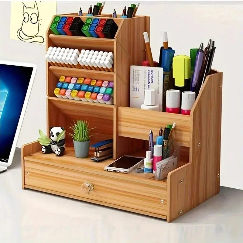 

Wooden Desk Organizer With Drawers Pen Holder Multi-Functional Organizers Stationery Office Storage Accessories School Supplies