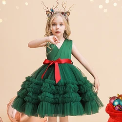 Fluffy Christmas Girl Party Dresses Bow Birthday Bridesmaid Princess Dress for Girls Children Costume Wedding Prom Lace Vestidos