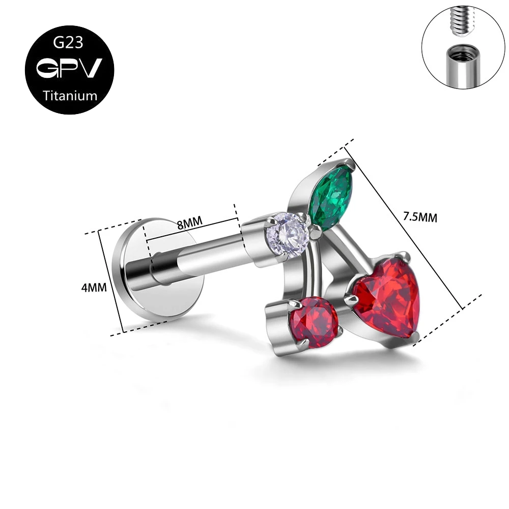 ASTM G23 Titanium Cherry Ear Cartilage Nail Exquisite ZC Internal Thread Women\'s Perforated Jewelry Ear Nail Nose Nail