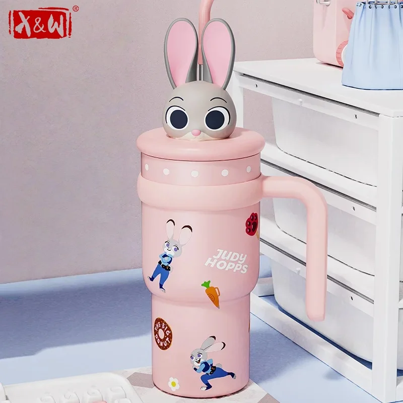 X&W Disney 700ml Thermosbecher Cartoon Judy Nick Trinkflasche mit Strohhalm Edelstahl Kaffeebecher mit Niedlichem Puppen-Deckel Tragbarer Autobecher