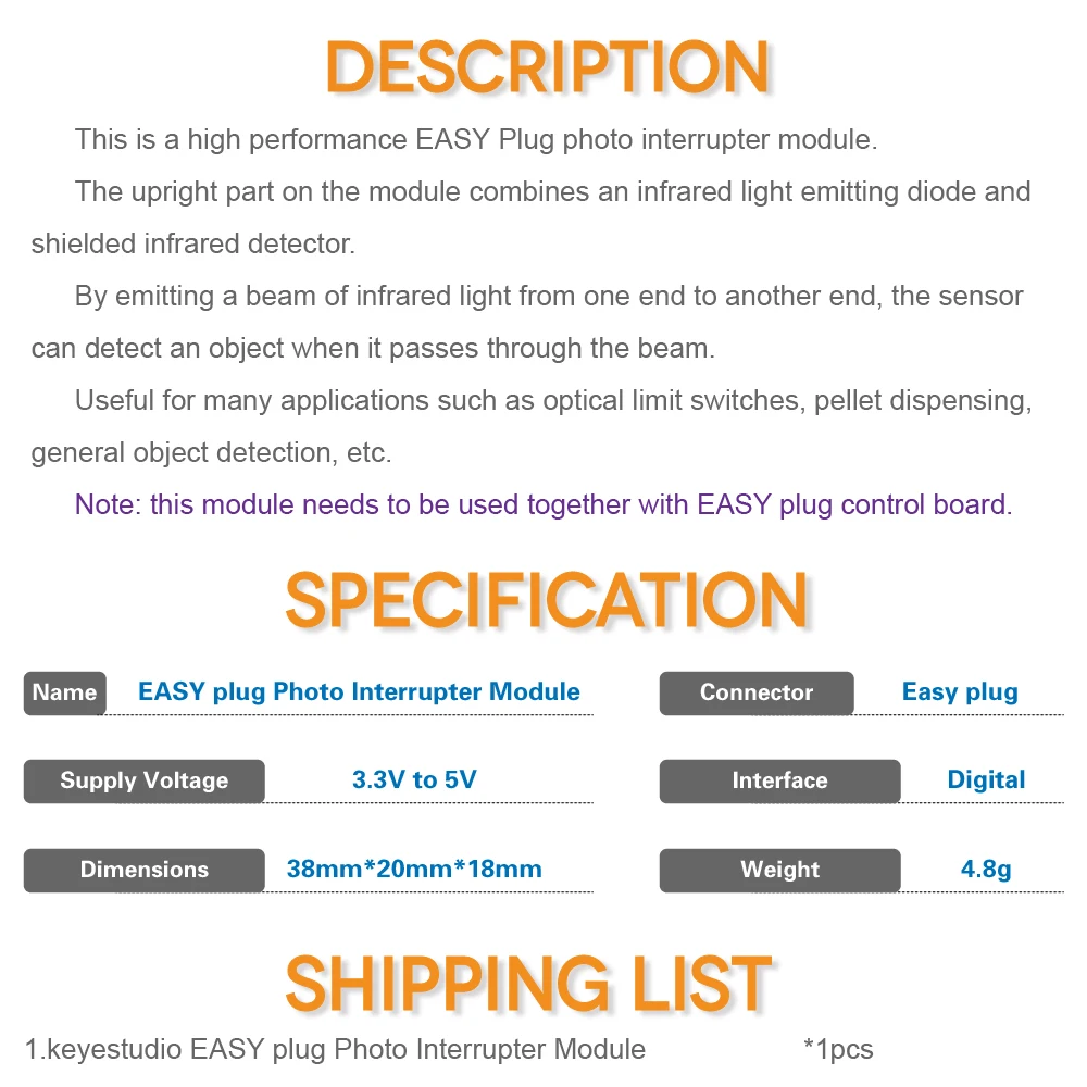 3 PCS Keyestudio EASY plug Photo Interrupter Module for Arduino for DIY Electronics STEM Programming Kit