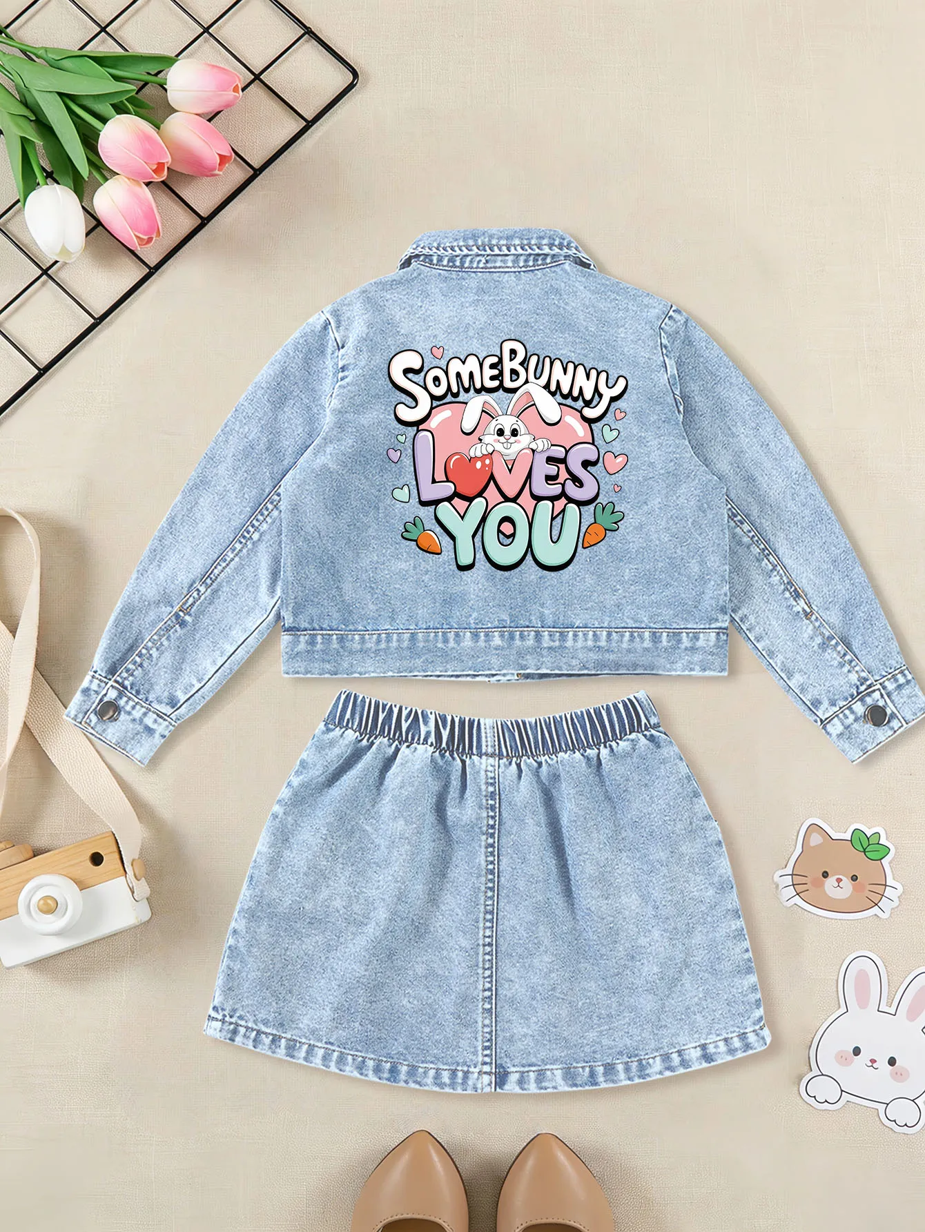 2 pieces: Easter Day Girls' fall Sweet Cute Denim Dress Set with Cartoon Rabbit & Heart Prints