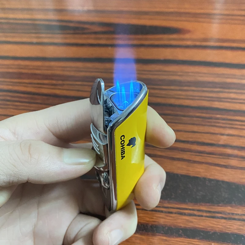 COHIBA Power Jet Triple Flame Cigar Torch Lighter Metal Turbo Windproof Butane Gas Cigar Portable Cigar Cutter Men\'s Small Gift