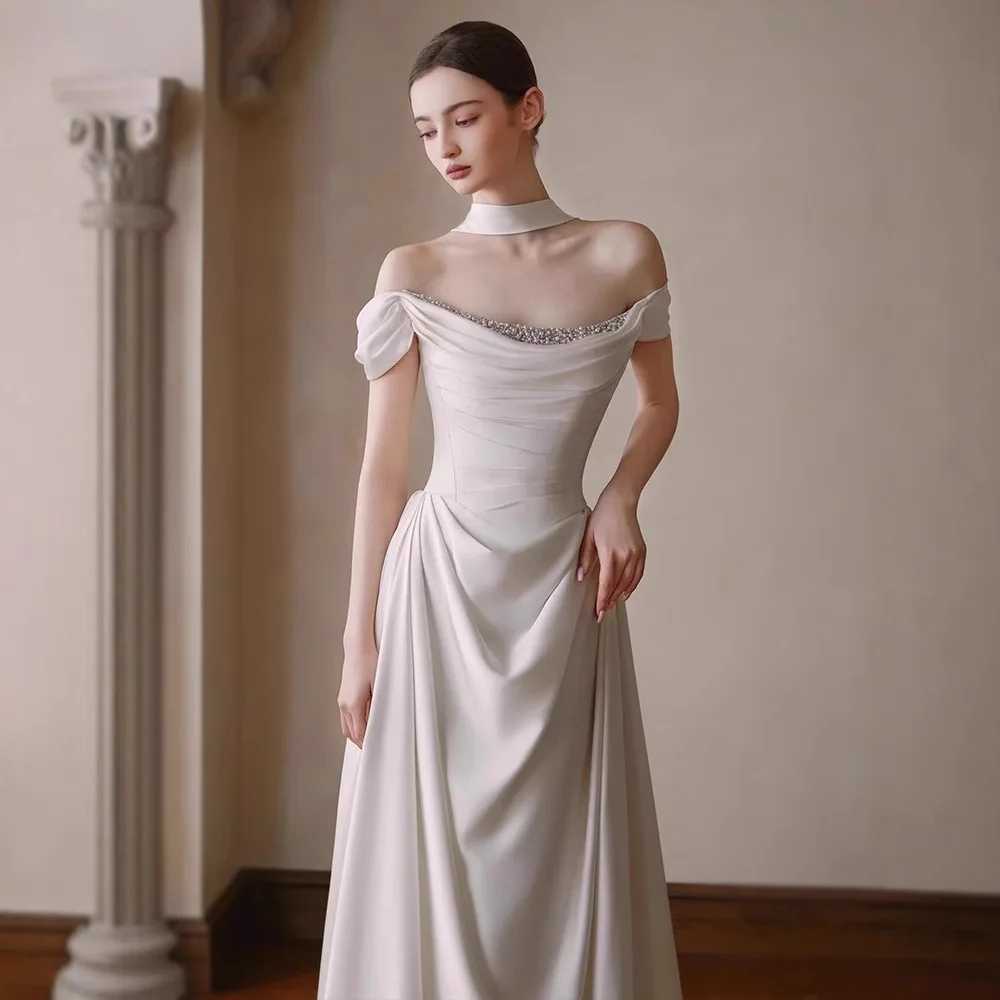 맞춤형 새틴 웨딩 드레스 여성용 스윕 기장 비즈 장식 프롬 이브닝 드레스 우아한 정장 파티 드레스