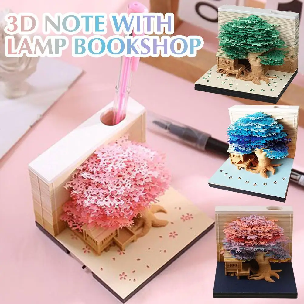 Notepad Calendar 2025 3D Note Paper Carving Model Four Seasons Tree With Light Sticky Note Cube Pen Holder Office Accessories