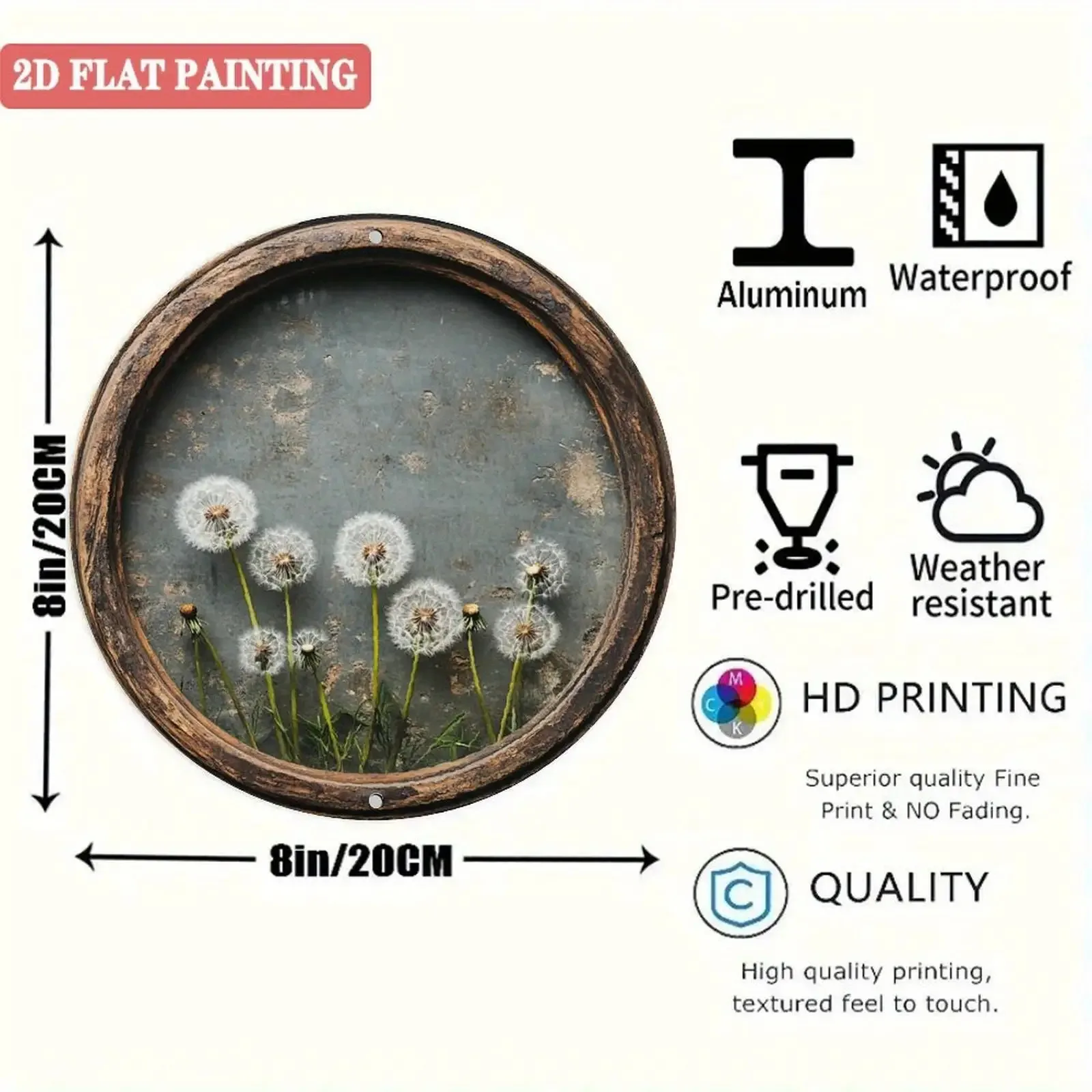 2D Flat, 2D Flat - 1 Round Aluminum Wall Art Sign, 8x8 Inches, Country Dandelion Design, Vintage Metal Decor for Home, Cafe, Apa