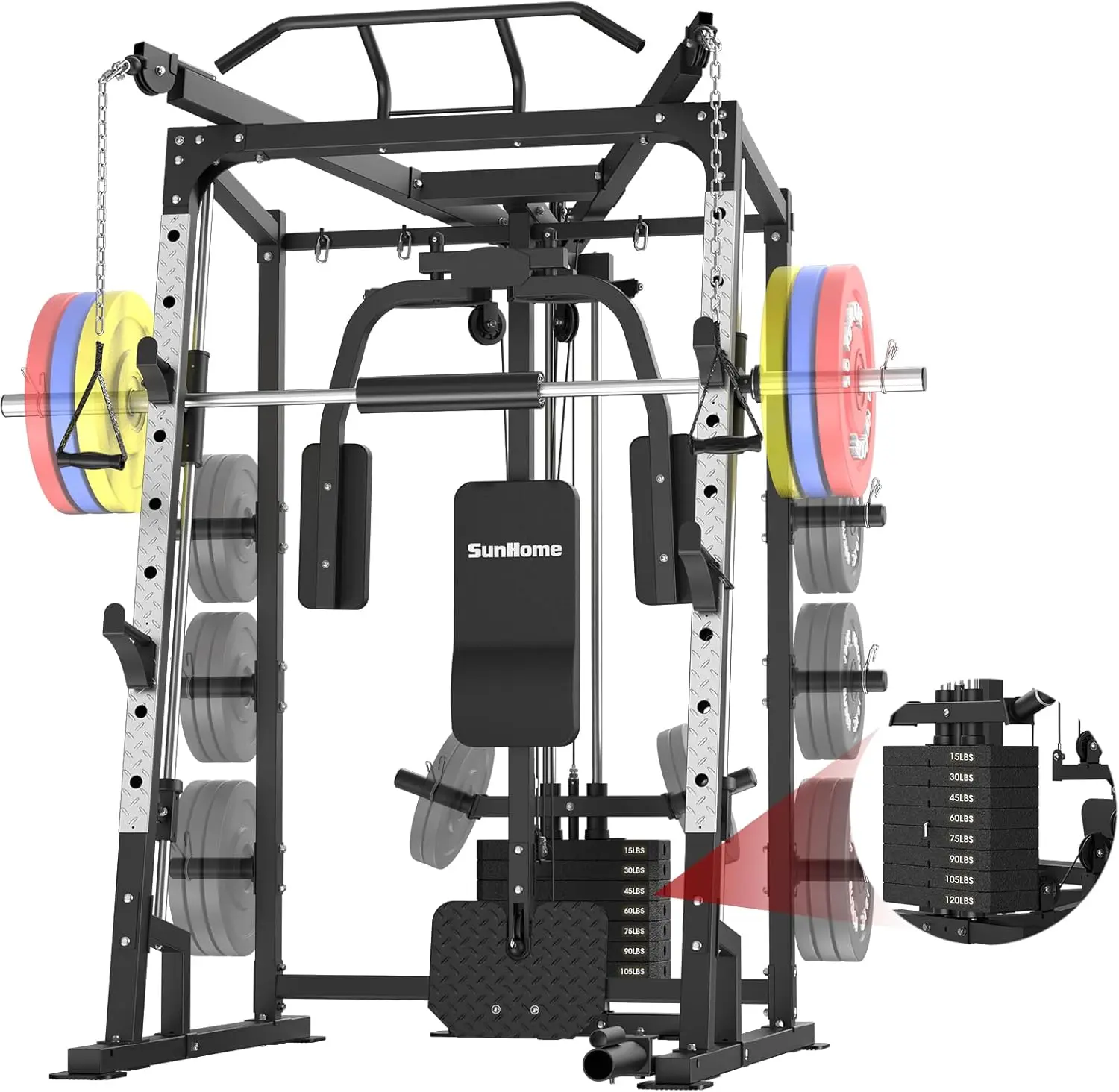 Smith Machine with 120LBS Weight Stack, Power Cage Squat Rack with Smith Bar, Two LAT Pull-Down Systems, Cable Crossover Machine