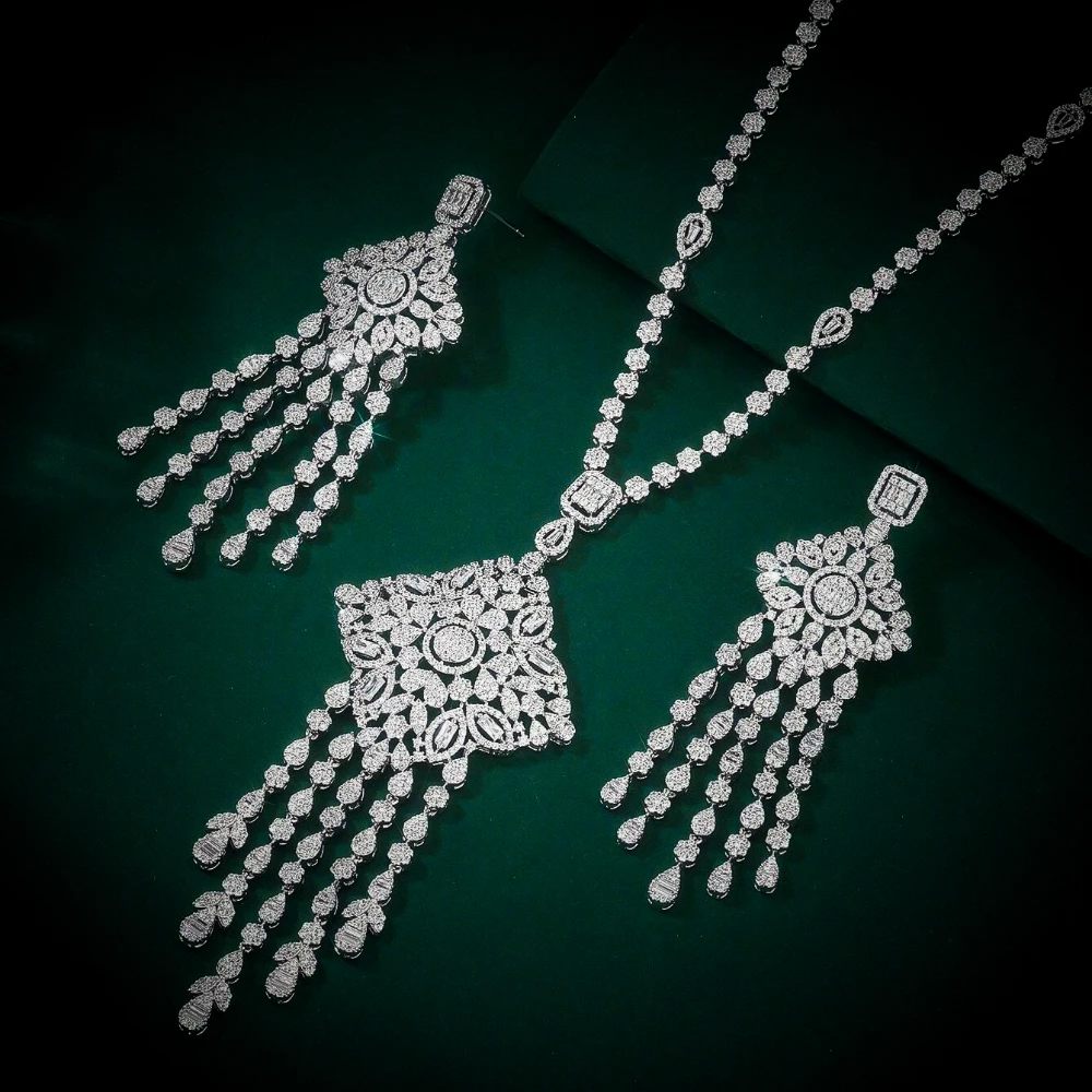

IN JEWELIFE Elegent Women's Sets for Women Cubic Zirconia Party Tassel Long Earrings and Necklace for Wedding Jewelry Set Bridal