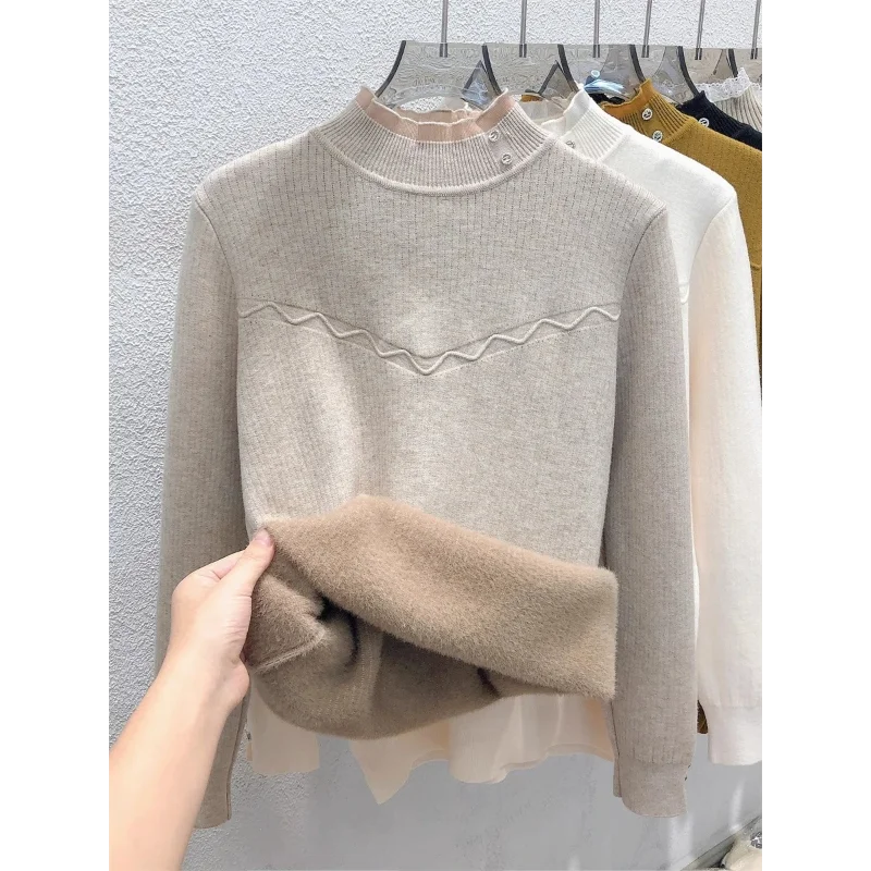 

Half Turtleneck All-in-one Velvet Sweater for Women Winter New Design Plus VelvetThickened Warm Base Shirt Top