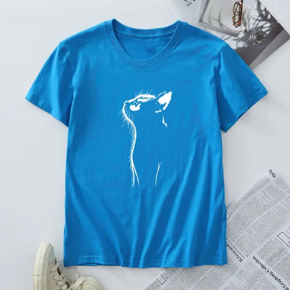 Camiseta de talla grande para mujer, camisetas de manga corta 100% de algodón, ropa de verano para mujer, camisetas con estampado de gato, camiseta para mujer