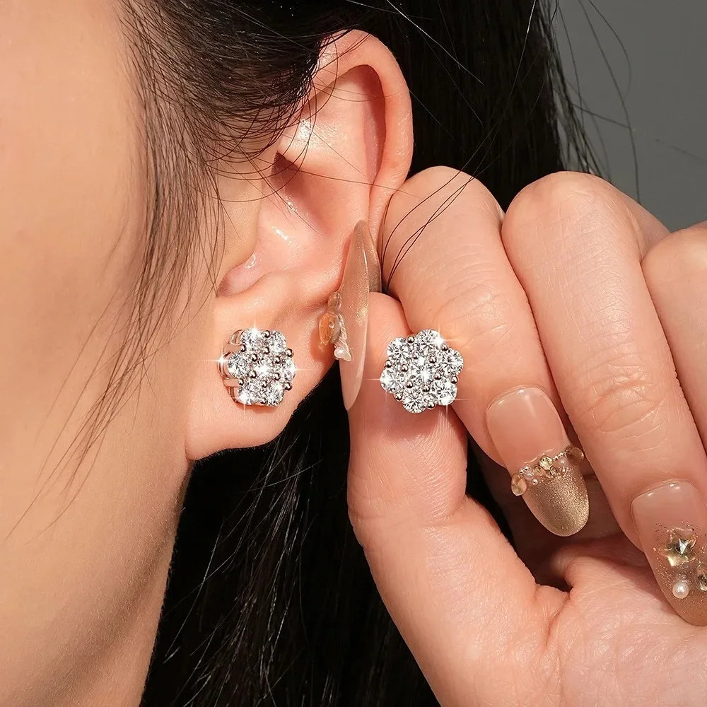 925 Sterling Silvern Full Moissanite Flower Stud Earrings Screw Back   For Women Men Hip Hop  Lab Diamond Fine Jewelry Gift