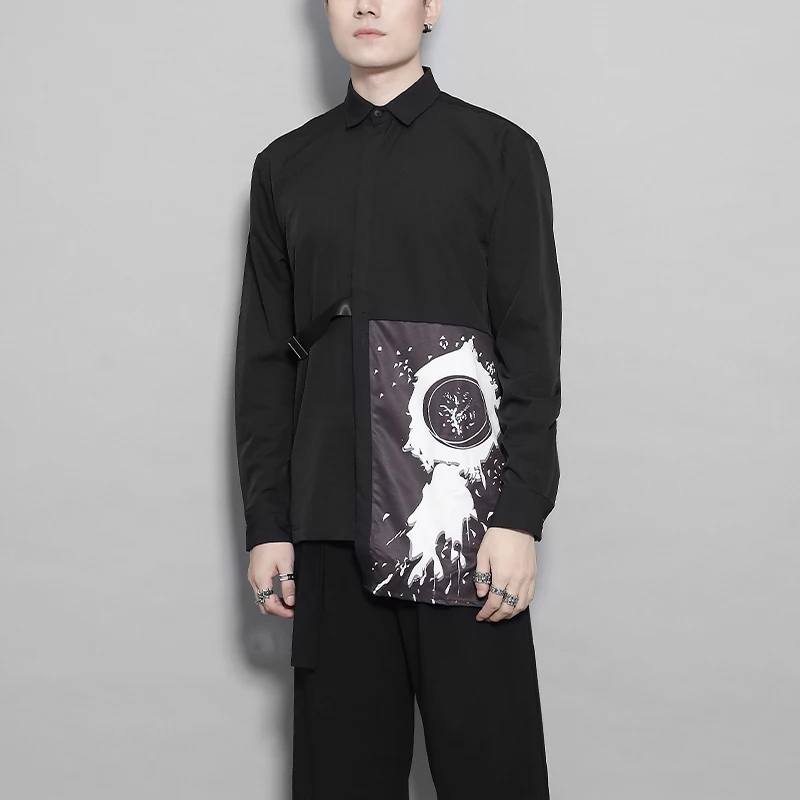 

Men's Original Trendy Shirt Black Abstract Ink Splash Print Side Strap Asymmetric Hem Long Sleeve Casual Streetwear Shirt