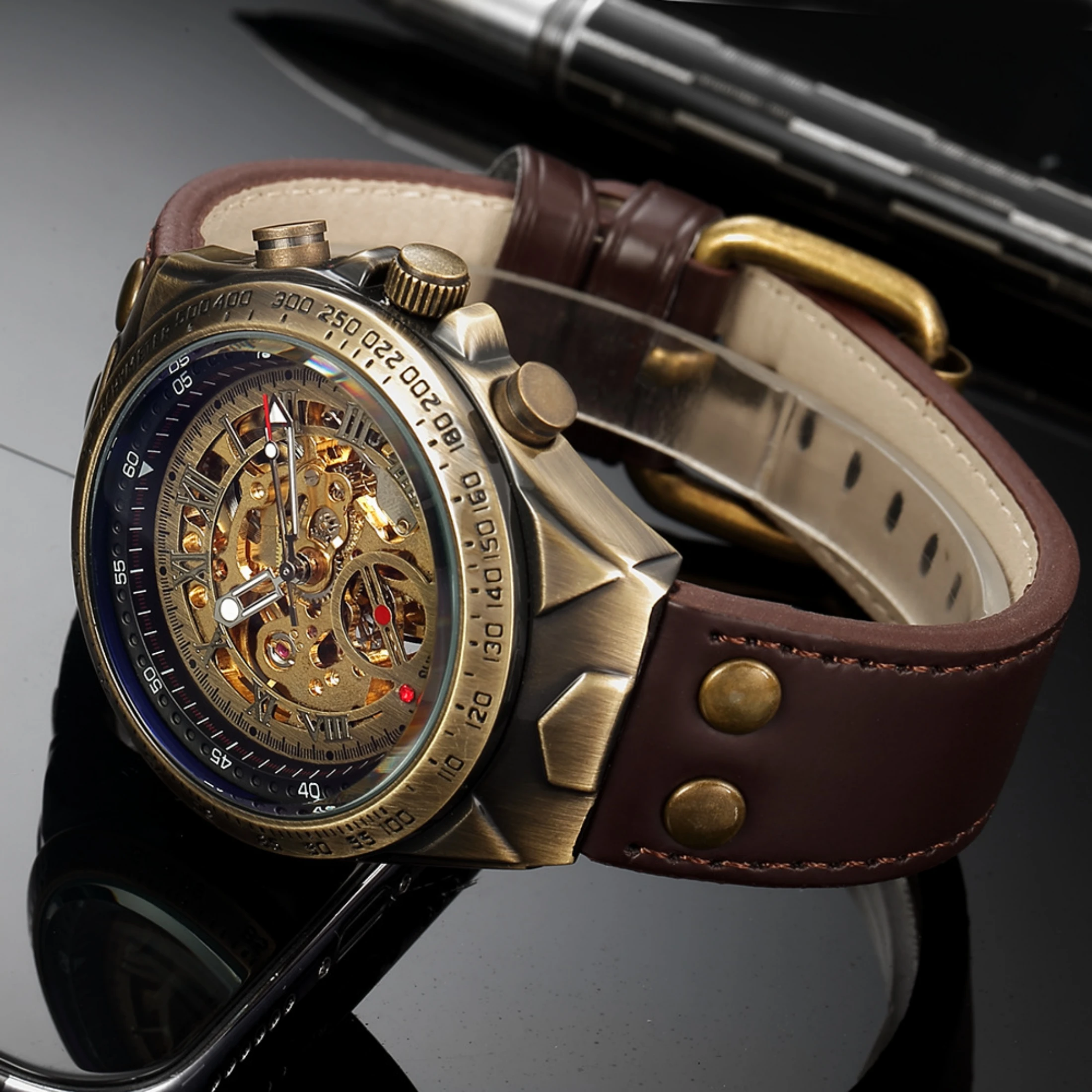 Men Mechanical Watch Automatic Wristwatch Luxury Bronze 30m Waterproof Business Sport Men Watches Leather strap 275