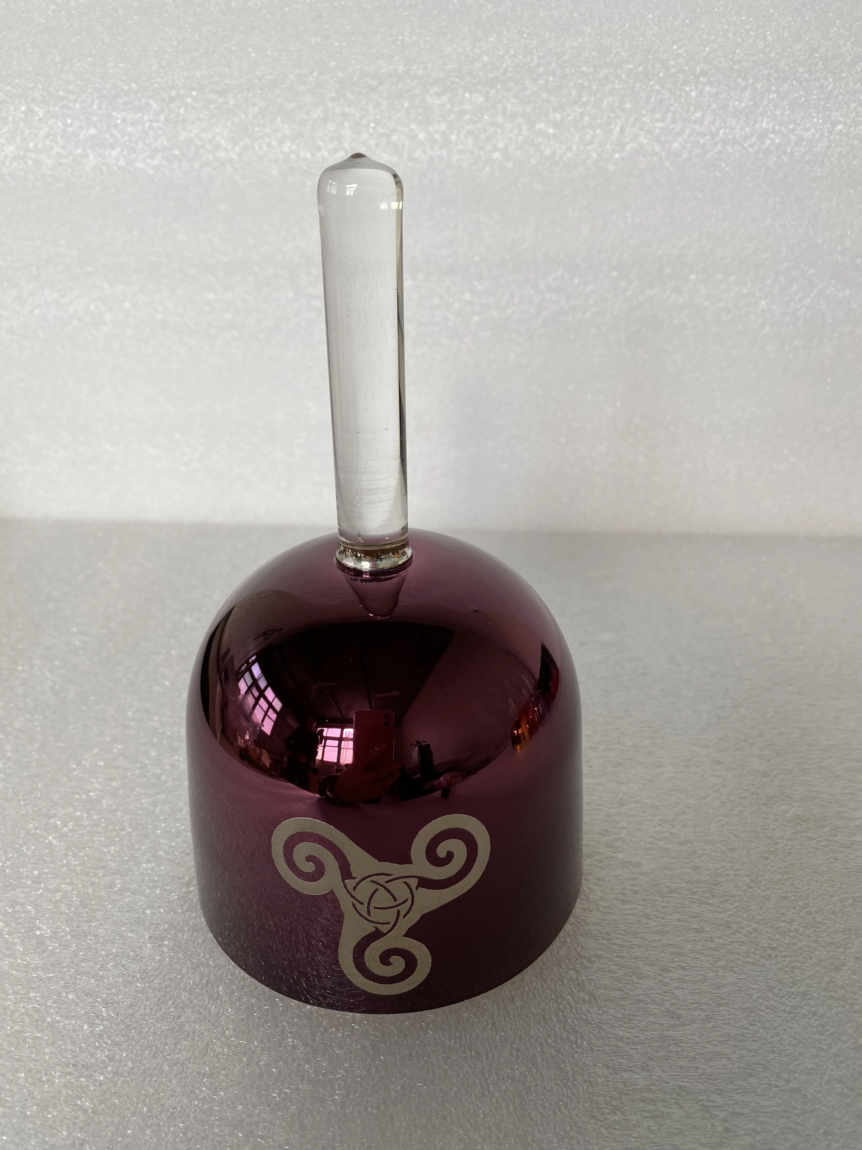 Star Linkup 432Hz Fourth Octave Handled Crystal Sound Bowl, Precise B Tone Tuning, Glossy Purple Body Carved With Triskelion & Triquetra Symbols