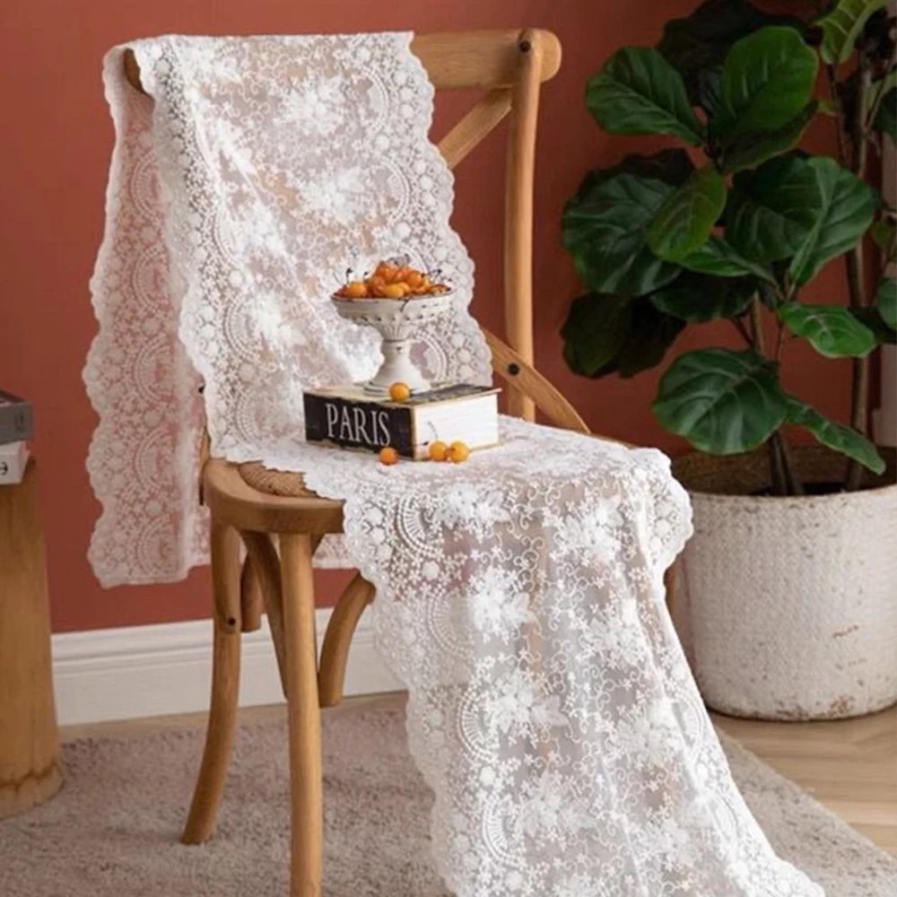 White Beige Lace Table Runner Embroidery Cotton Lace Fabric Table Cover Floral Lace Table Runner Vintage Wedding Tea Party Decor