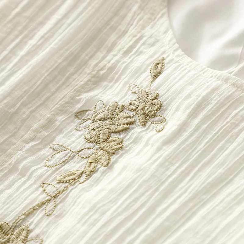 Vestido Midi E de Linho Artístico Retro com Decote Redondo Bordado em Camadas Duplas Novo Estilo de Verão