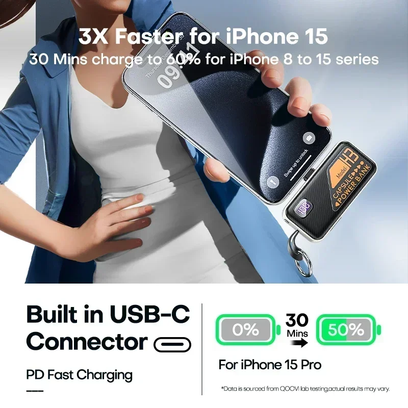 Per iPhone Samsung Xiaomi Huawei Portachiavi Display digitale Power Bank portatile Batteria esterna da 5000 mAh Caricatore cavo integrato