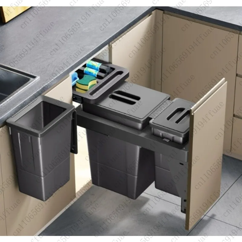 Embedded Garbage Bin Cabinet, Pull-out Basket, Household Hanging Double Bin with Lid, Large Capacity Kitchen Cleaning Bin