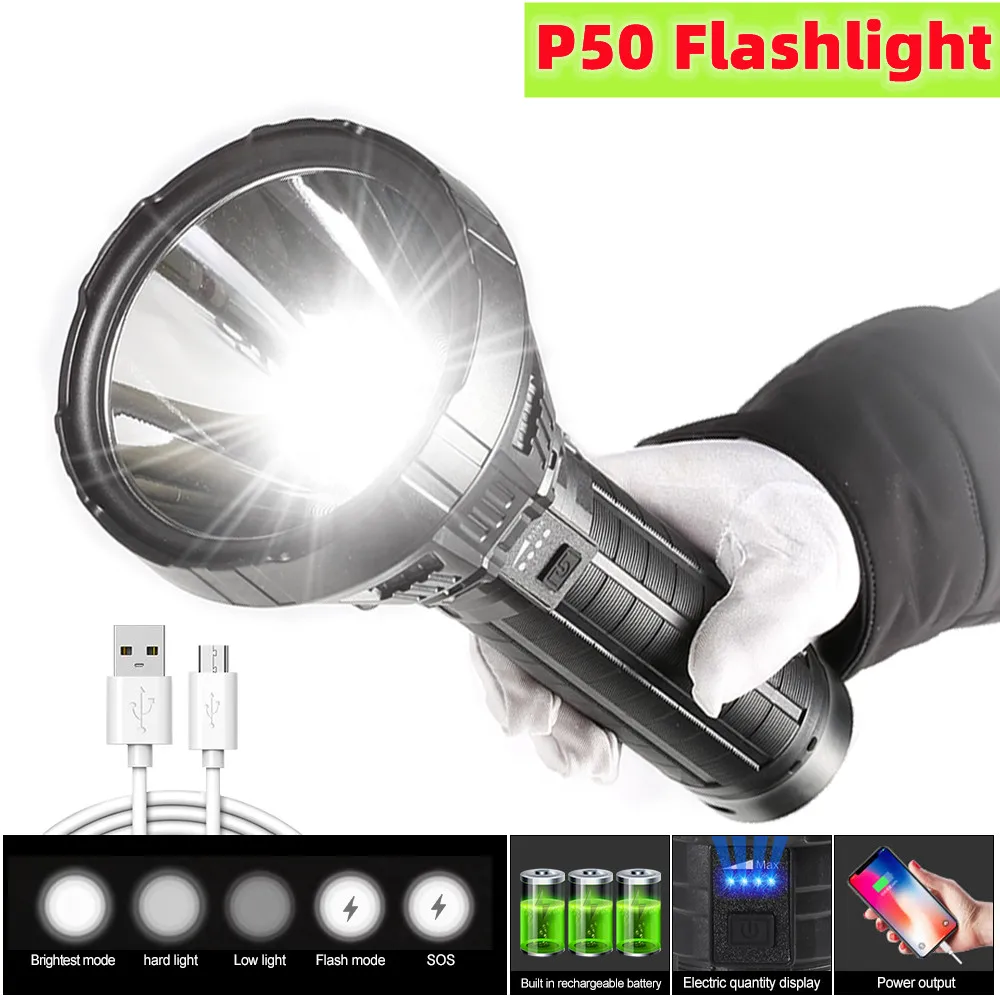 

Powerful 5Modes 2300LM P50 Flashlight Large Torch with Belt Portable Lantern Power Bank Charge Phone USB Rechargeable