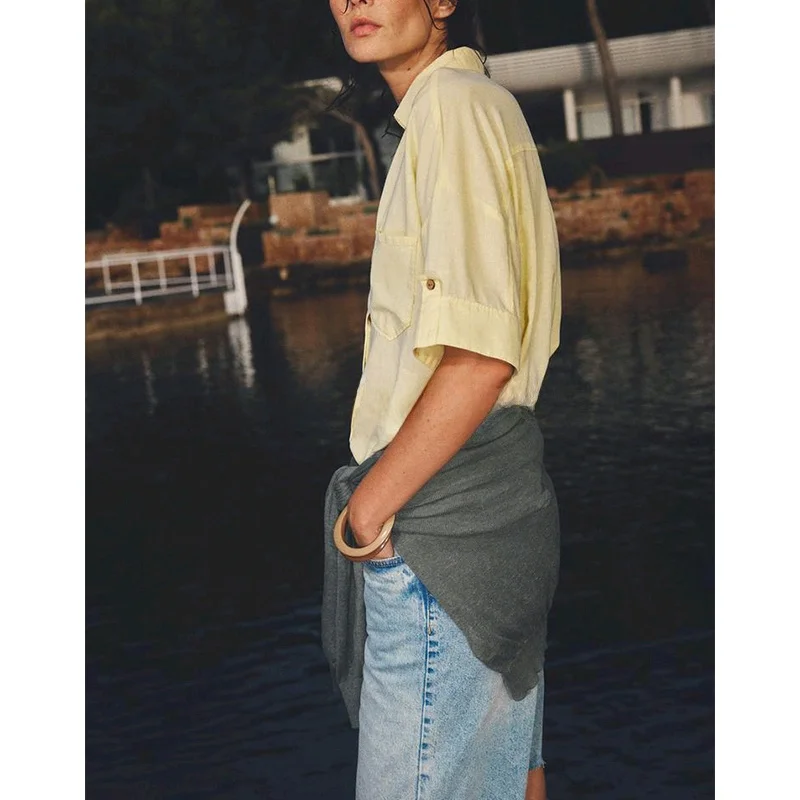Summer New Casual Sle Mixed Fiber ort Collar irt Women's Loose Fit Polyester Blend UV Protection Pure Color Button up