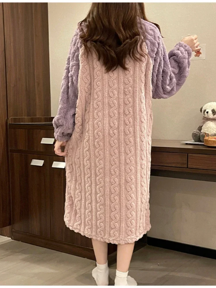 Plus Size Women Winter Nightdress Cartoon Coral Fleece Warm Nightgown Sweet Pajamas Soft Flannel Velvet Home Clothes Sleepdress