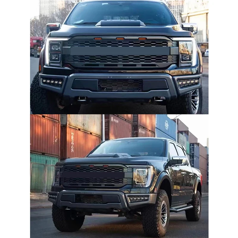 2021 F150 ABS Matte Black Raptor Style Front Grille Bumper Racing Grills Wiht Amber LED Light Fit For Ford F150 2021 Auto Part