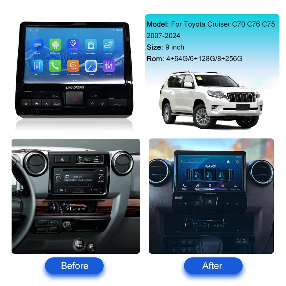 9 "أندرويد 13 CarPlay راديو السيارة لتويوتا كروزر C70 C76 C75 2007-2024 AI شاشة تعمل باللمس مشغل وسائط متعددة لتحديد المواقع والملاحة DSP BT #4